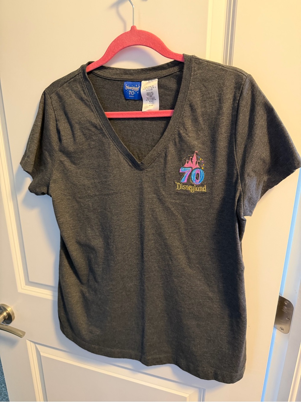 Disney Disneyland 70th Anniversary V-neck Tee in Charcoal with graphics.